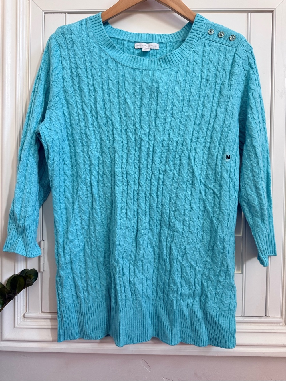 LOFT Light Blue Cable Knit Button-Shoulder Sweater - Size Medium